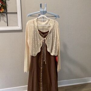 NWOT Tribal embroidery maxi dress throw a little crochet cardigan for the fall